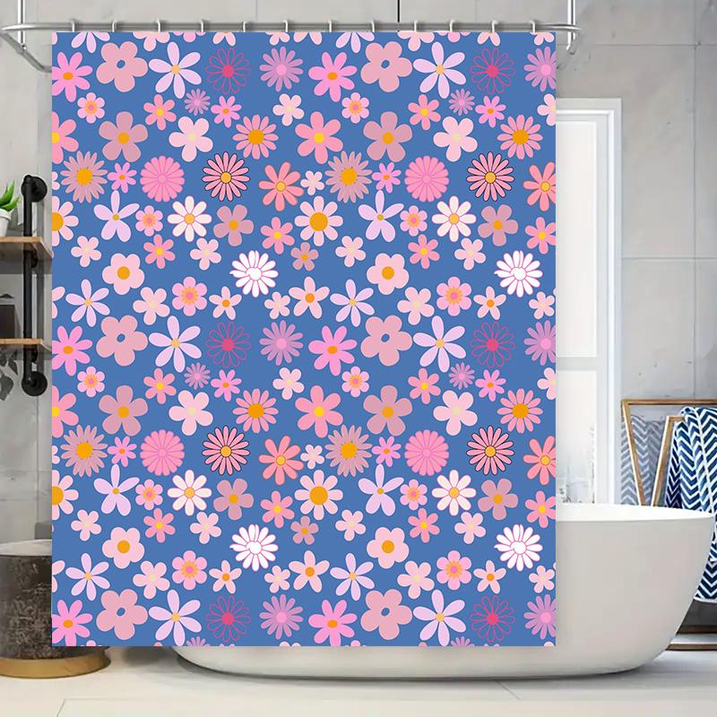 

Delightful Floral Shower Curtain Pink Blue Bouquet Pattern Decorative Bath Rug Liner for Home Bathroom Decoration (Blue) 90x180cm