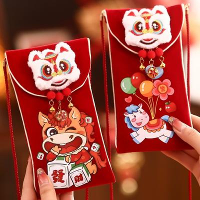 Chinese Style Velvet Red Envelopes 2026 Horse Year Cartoon Lucky Money Bag Best Wishes Traditional Money Pocket Spring Festival