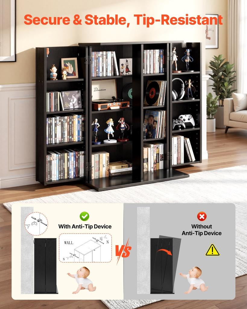Media Storage Cabinet, 4-Tier DVD Shelf Organizer, 610 X 368 X 846 Mm Multimedia Storage Organizer for CDs, DVDs, Books, Games, CD Shelf for Living