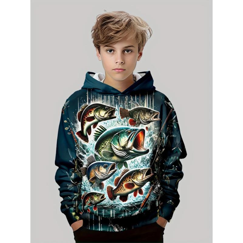 Autumn 3D Creative Fish Pattern Printed Hoodies Fashionable Casual Sports Long Sleeved Children's Boy Hooded Sweatshirts