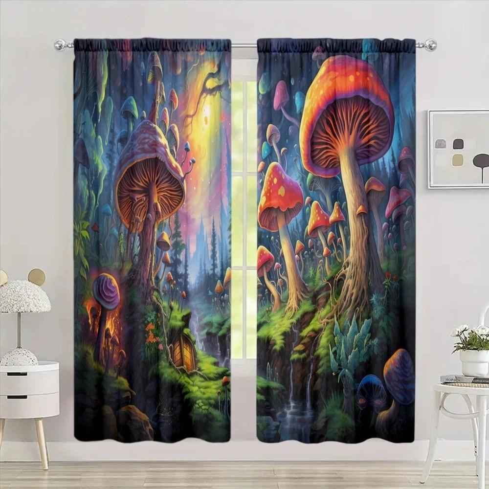 

2pcs Vivid Mushroom Curtains Forest Design Room Darkening Polyester Home Decor Rod Pocket for Holiday Windows 24x59in(60x150CM)x2&Rod Pocket
