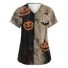 Women's Fashion Short Sleeve Halloween Print V-Neck Pocket Workwear Tops