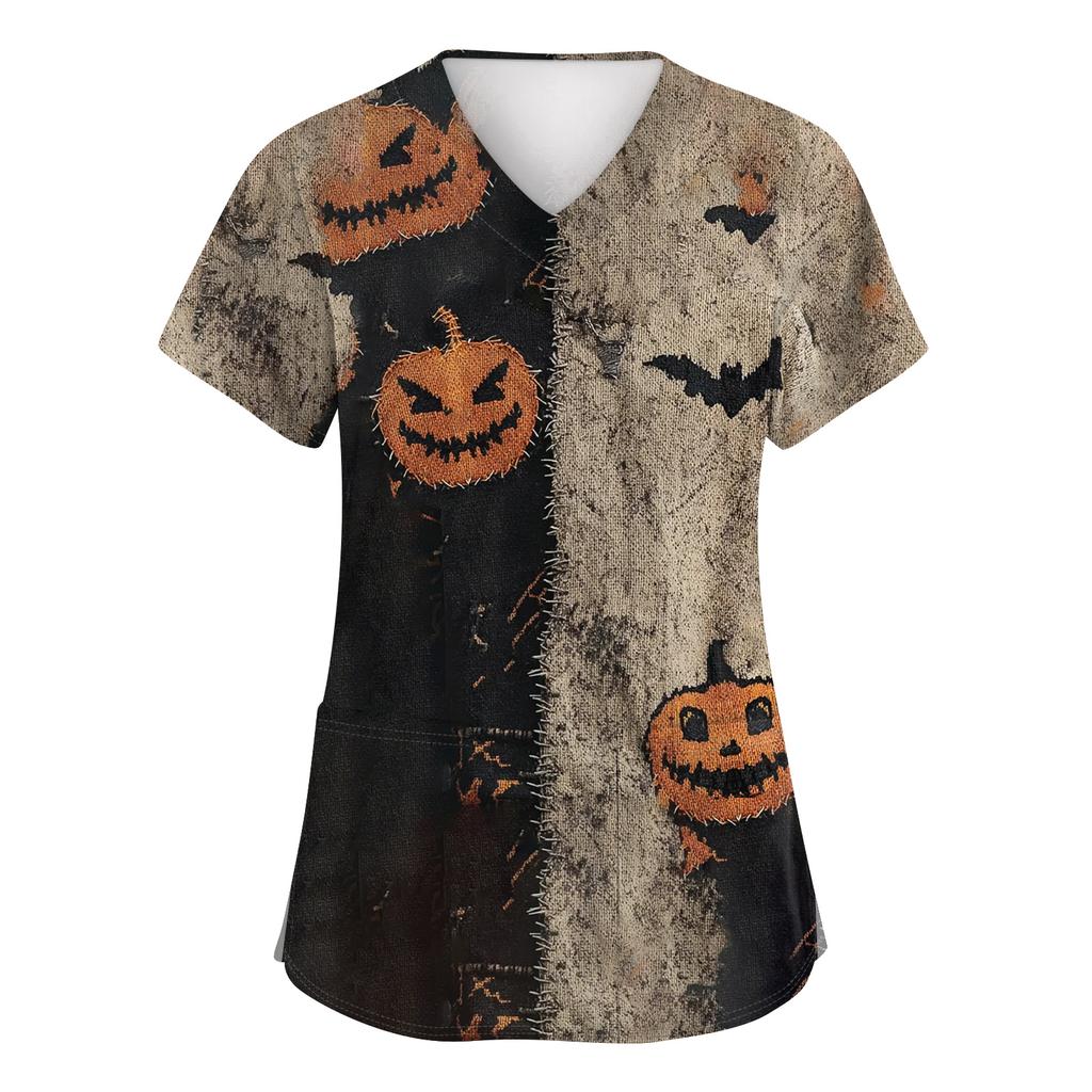 Women's Fashion Short Sleeve Halloween Print V-Neck Pocket Workwear Tops