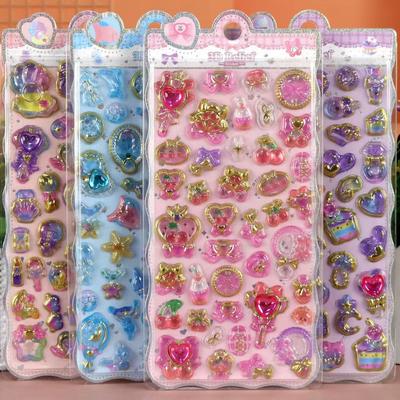 8Pcs Japanese Style 3D Crystal Epoxy Relief Stickers For Kids, Diamond Decorated, Magic Wand & Marine Life Fun Stickers
