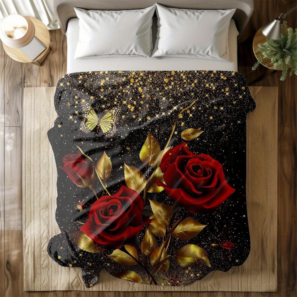 1pc Black Red Rose Blanket Skin-Friendly Soft Blanket Flannel Blanket 2025 New for Birthday Gift Home Sofa Chair Decoration