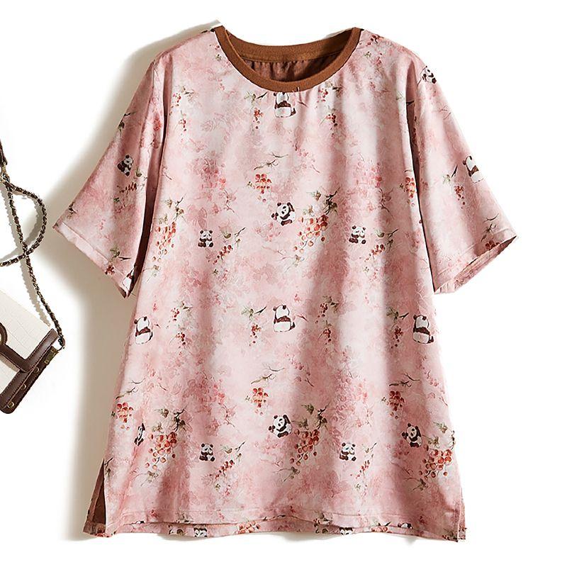 

The Texture Is Drape Awesome! Pink Bear Women s Summer round Neck Loose Bag Large Shirt Satin Poplin Cotton T-shirt New Light pink 3XL