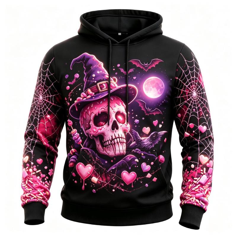 Men's Burning Flame Ruins Skull Raven Full Print Hoodie Halloween Gothic Long Sleeve Hooded Sweatshirt For Streetwear