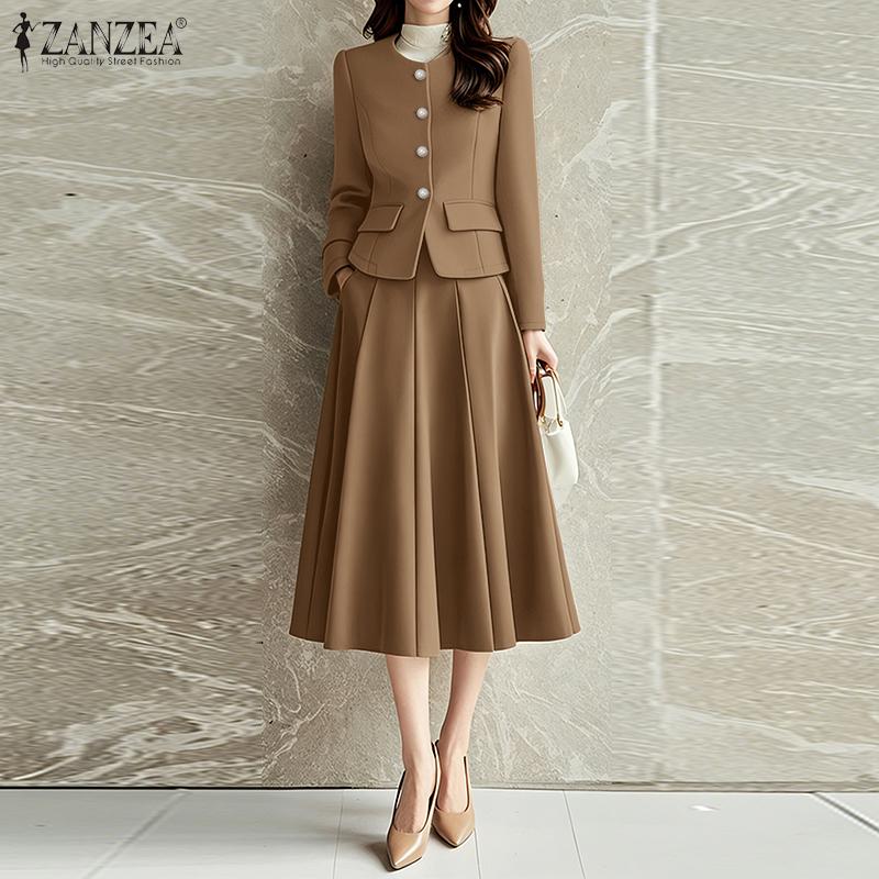 ZANZEA Women Long Sleeve Blouse and Skirts Casual Two Piece Suit Sets