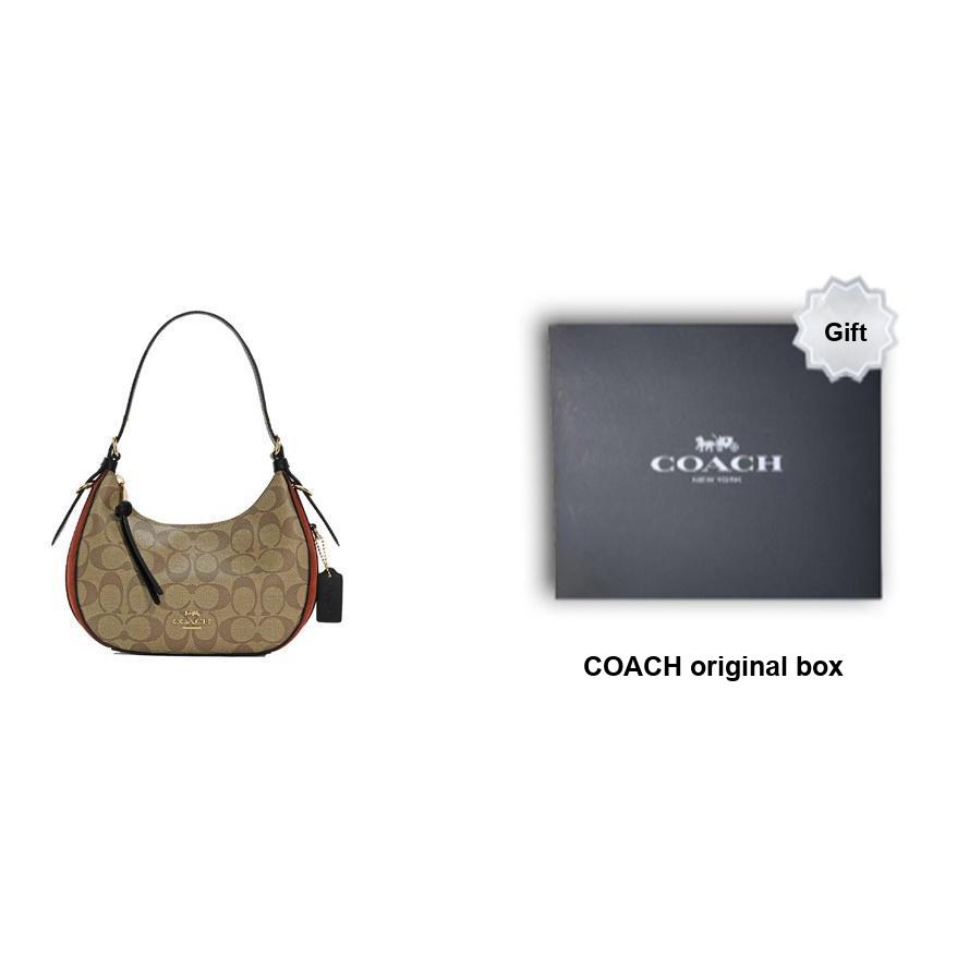 New COACH Kleo Canvas With Leather And Suede Shoulder Bag Portable Crossbody Bag Shoulder Bag Women's Khaki/Brick Red C6809-IME7V