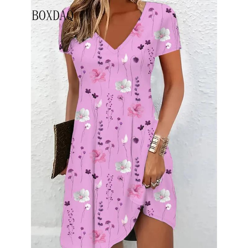 3D Vintage Women Flowers Printed Dresses Summer Plus Size Short Sleeve V-Neck Casual A-Line Knee-length Dress Loose