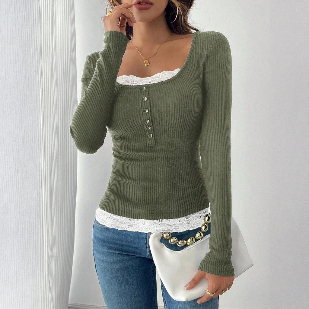Women's Fashionable Round Neck Patchwork Lace Button Slim Fit Long Sleeved Pullover Top