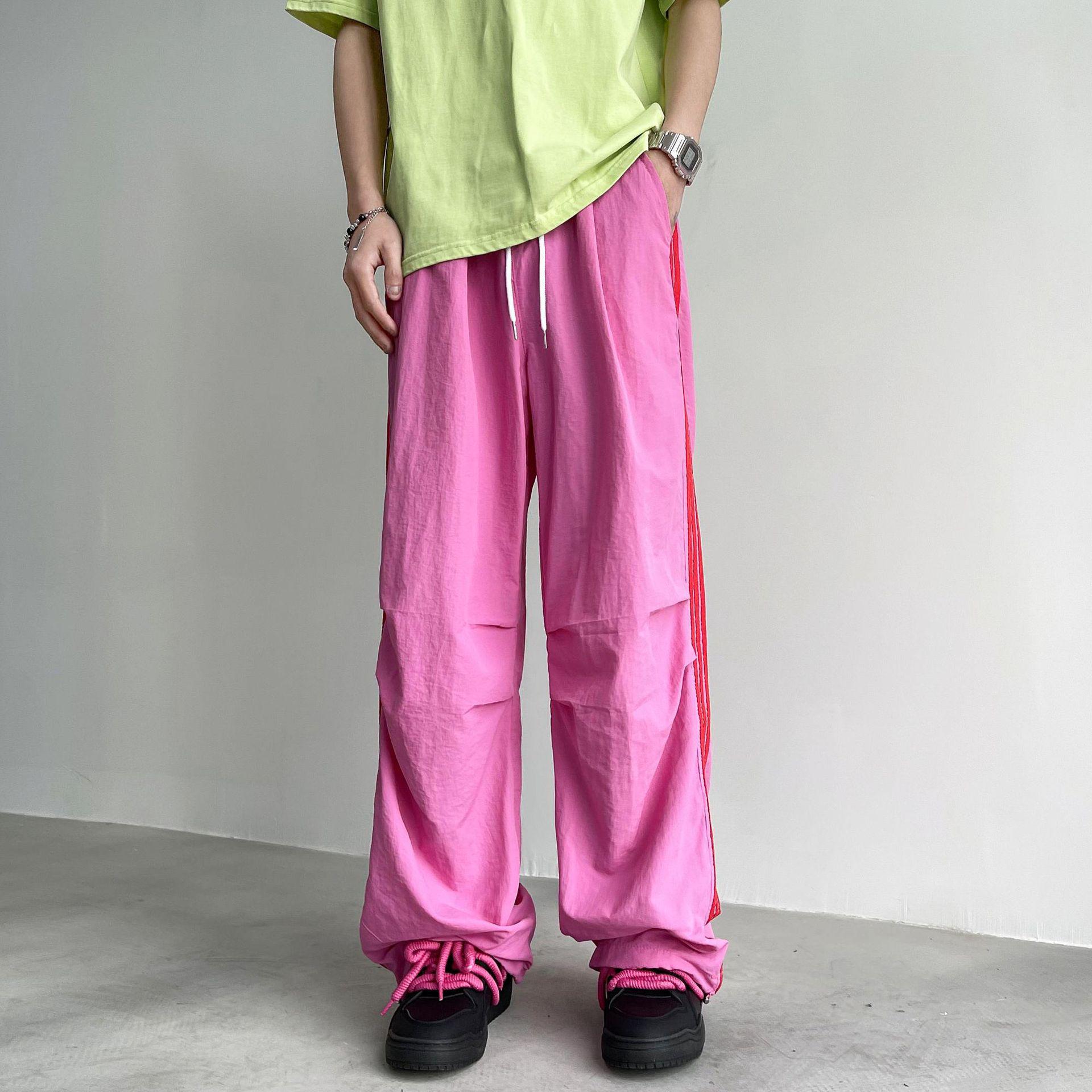 

Летние быстросохнущие брюки-парашютисты 2024 года с завязками на шнурке, три полоски карамельного цвета, легкий комбинезон Ice Silk. M розовый