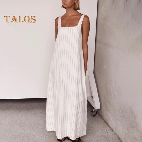 Καλοκαιρινό Γυναικείο Αμάνικο Ηλιοφόρεμα με Τετράγωνη Λαιμόκοψη, Ριγέ, Φαρδύ, Α-γραμμής, Μάξι Μήκος Αστραγάλου, Παραλίας, Μακρύ Φόρεμα για Καθημερινή Χρήση, Μετακίνηση, Ραντεβού