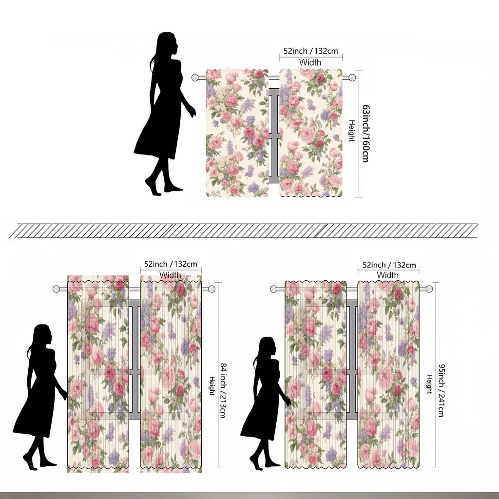 2Pcs Glam Style Floral Printed Curtains, Semi-Sheer Polyester Drapes With Rod Pocket, Machine Washable, Decorative Unlined Windo