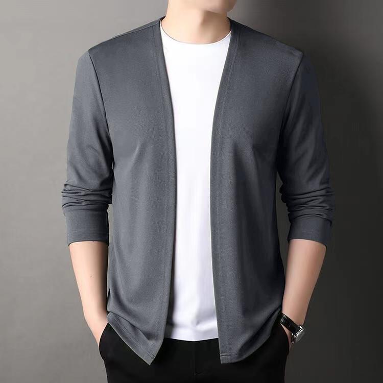

Кардиган Slim Fit для мужчин, тонкая верхняя одежда на весну и осень, повседневная, с длинным рукавом, модная, универсальная, однотонная, облегающая, осень XXL серый