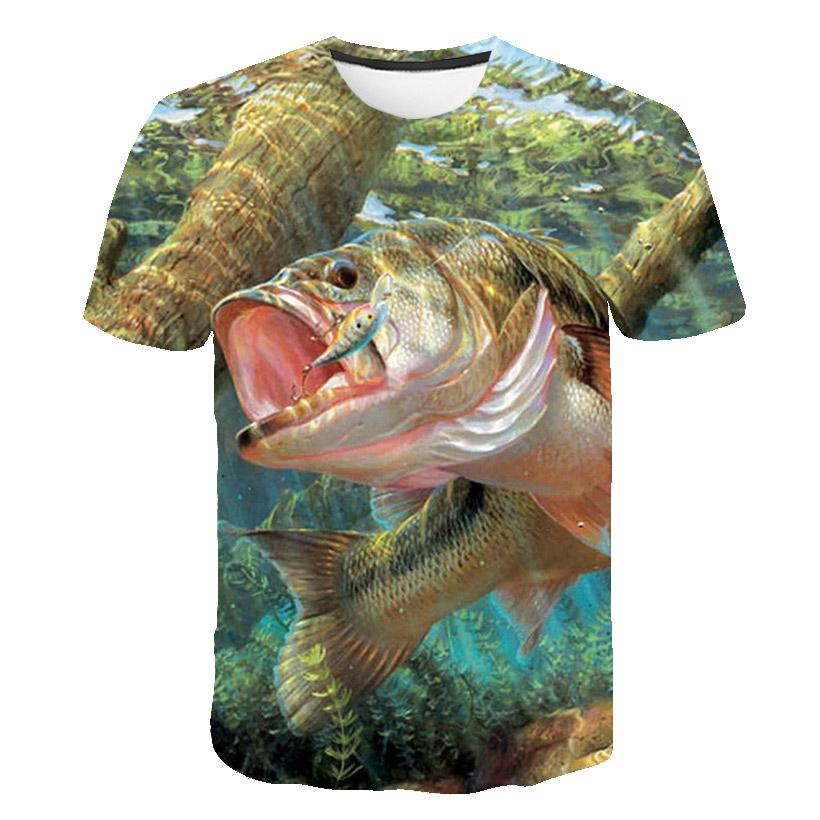Sommar Rundhalsad 3D Roligt Fiskmönster Tryckt Topp Trendig och Avslappnad Lös Kortärmad Herr T-shirts