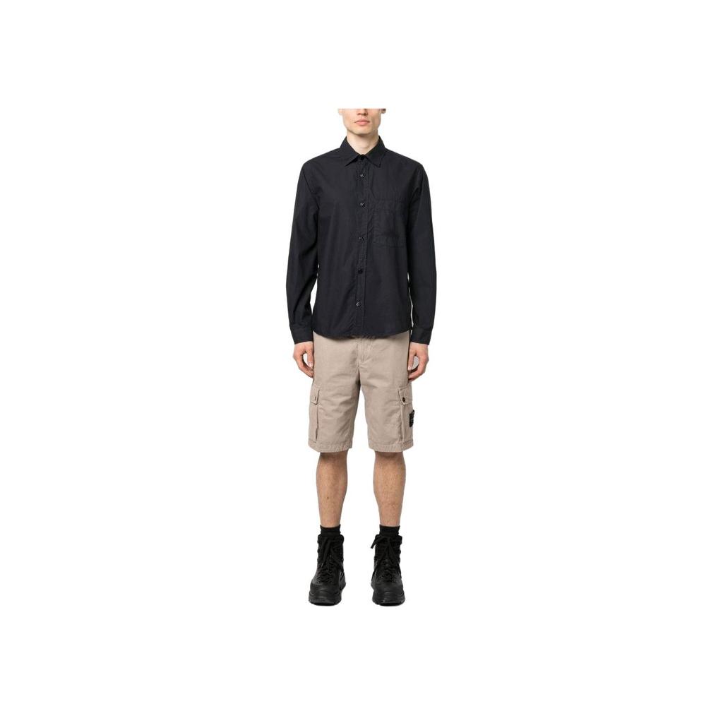 STONE ISLAND SS23 Ice Silk Cool Feeling Digital Print Pointed Collar Casual Solid Color Long Sleeve Shirt Men Shirts Navy-Blue 781512205V0020