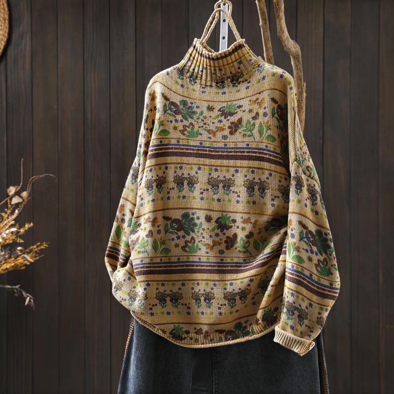 Women's Retro Style Printed Knit Sweater with Half-High Neck