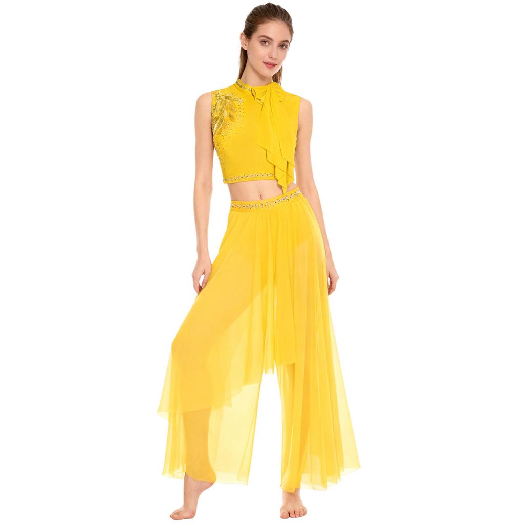 Dam Lyrisk Dansdräkt Paljettbroderi Rosettdekor Ärmlös Ryggurring Kort Topp Inbyggda Trosor Vida Ben Byxor