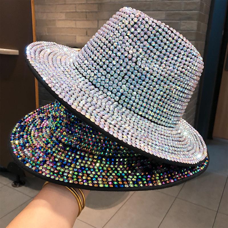 Chapeau femme automne et hiver mode strass élégant chapeau jazz rétro britannique polyvalent chapeau haut en laine incrusté de diamants tendance