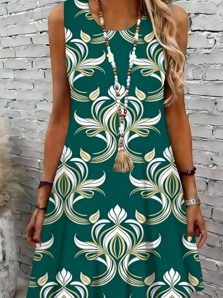 Women's Floral Print Round Neck Dress, Fashion Casual Sleeveless Short Dress for Daily Outdoor Wear, Ladies Dress for Summer