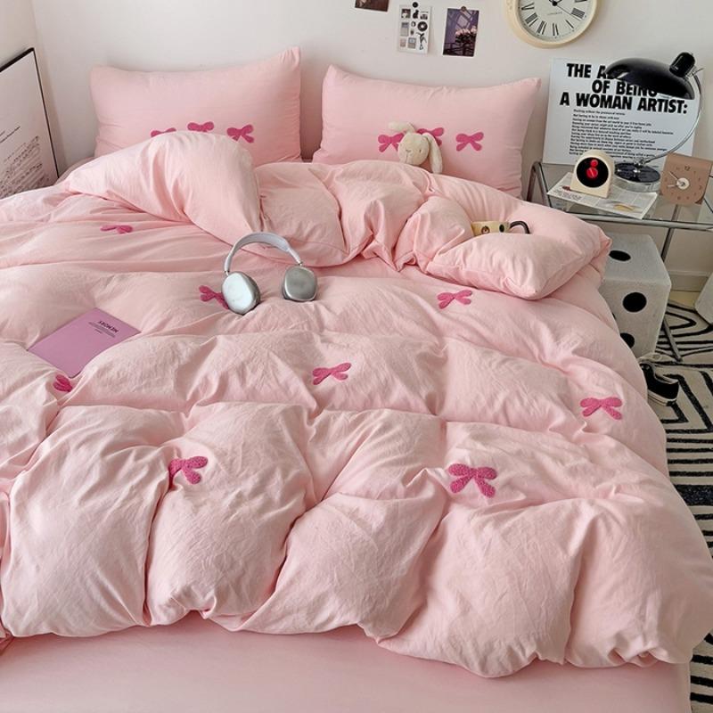 Girls Pink Bedding Set with Bow Korean Breathable Duvet Cover No Filler Flat Sheet Pillowcases Mix Color Comforter Cover Set