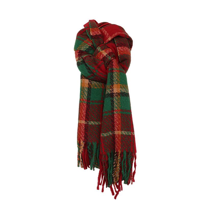Women's Christmas Plaid Scarf - Autumn/Winter Korean-Style, Versatile Imitation Cashmere Shawl with Tassels