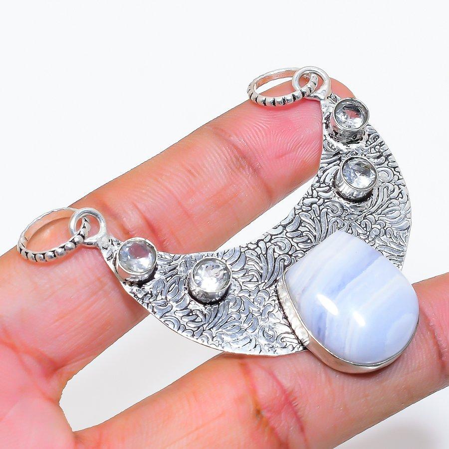 Natural Blue Lace Agate, Topaz 925 Sterling Silver Jewelry Pendant 2.17" ZS-203