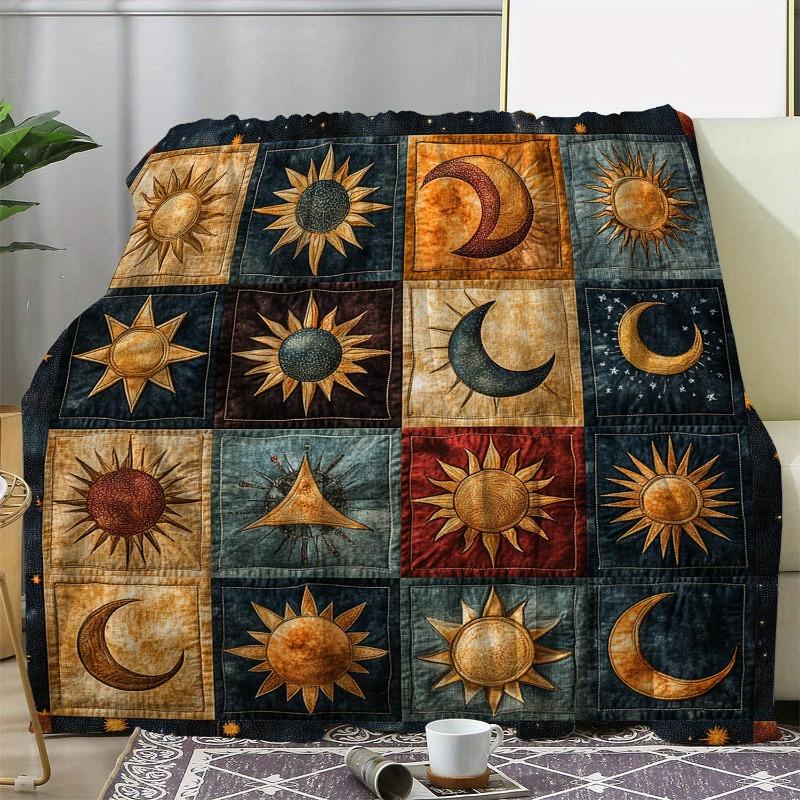 Przytulny flanelowy koc Sun Stars Moon Miękki, ciepły i wszechstronny na sofę, łóżko, do samochodu, biura, na kemping. Pomysł na prezent na każdą porę roku