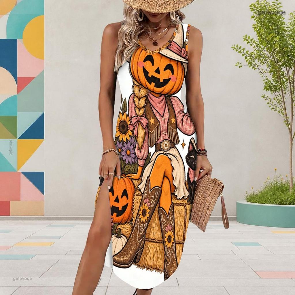 Women s Plus Size Sleeveless U Neck Tank Dress Halloween Panda Ghost Printed Side Slit Curved Hem