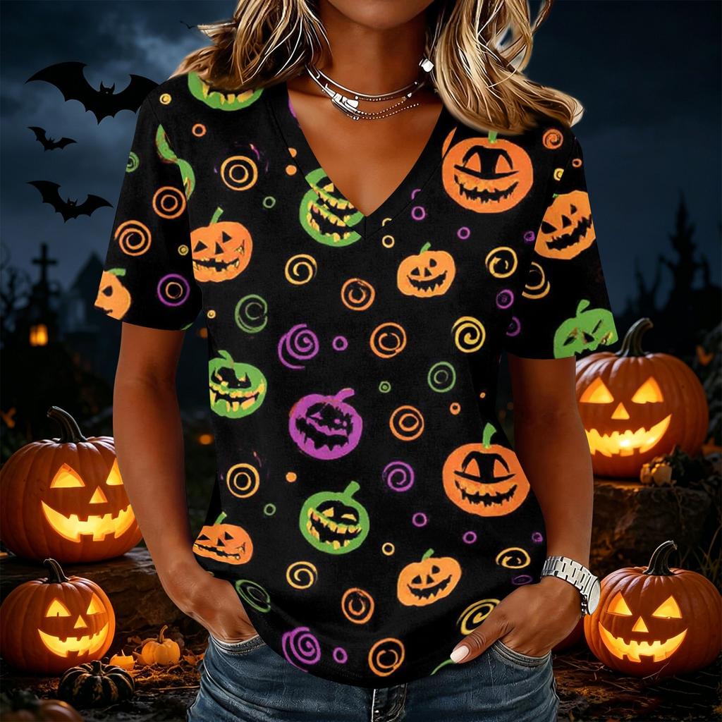 Womens Casual Short Sleeve Pullover Top V Neck Halloween Pumpkin Print Shirt Lightweight Comfortable Fit