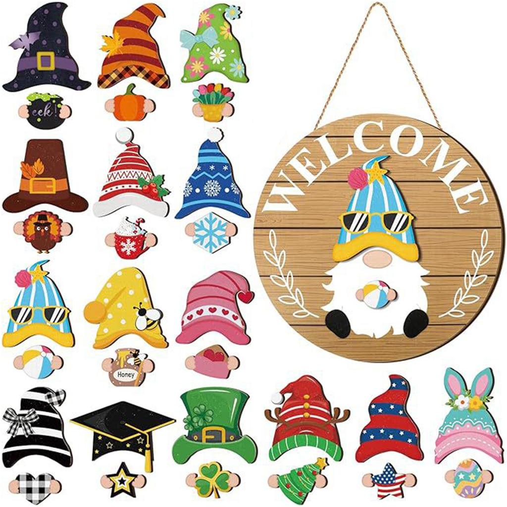 Halloween Gnome Welcome Sign with Magnetic Removable Hats DIY Gnome Door Sign Decor Multi-Purpose Creative Wood Decoration Plate