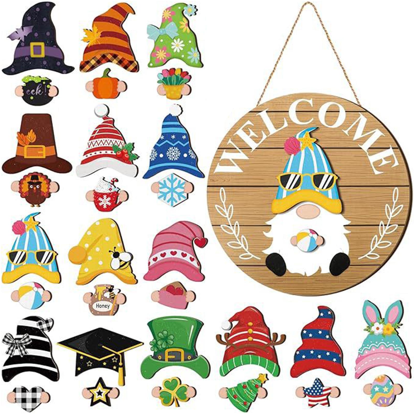 

Halloween Gnome Welcome Sign with Magnetic Removable Hats DIY Gnome Door Sign Decor Multi-Purpose Creative Wood Decoration Plate