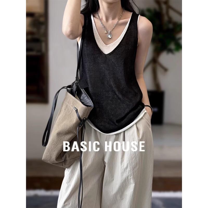 Basic House Women s Faux Two-Piece V-Neck Knit Tank Top L