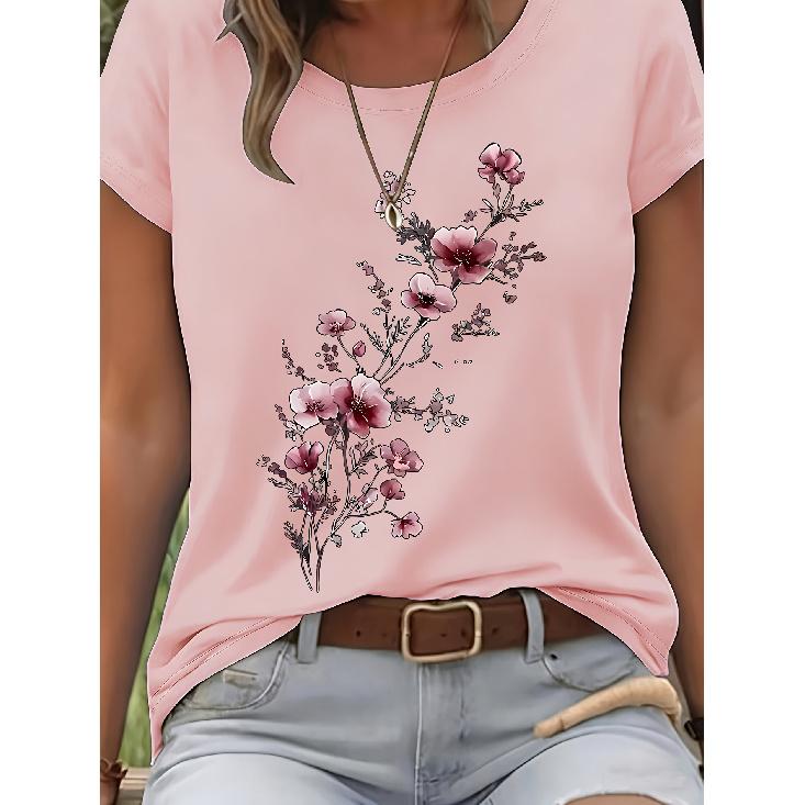 Pink floral print round-neck women s style T Shirt Casual top with an artistic vibe Vacation and Travel Style Breathable and versatile short S розовый