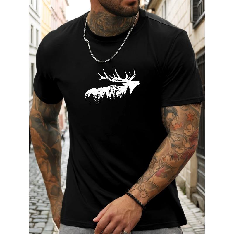 

European Size Men S Summer Casual Short-Sleeve T-Shirt with Moose Pattern 4XL чорний