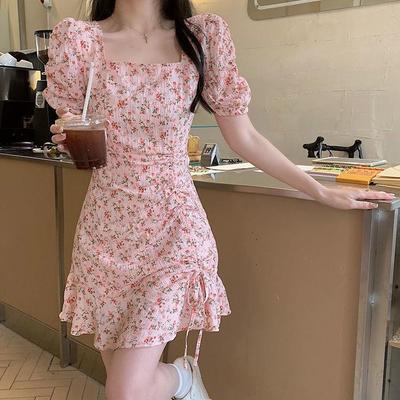 Rochie cu flori cu imprimeu floral pentru femei dulci, la modă, cu șnur pătrat, cu mâneci bufante, cu talie înaltă, vară elegantă pentru femei