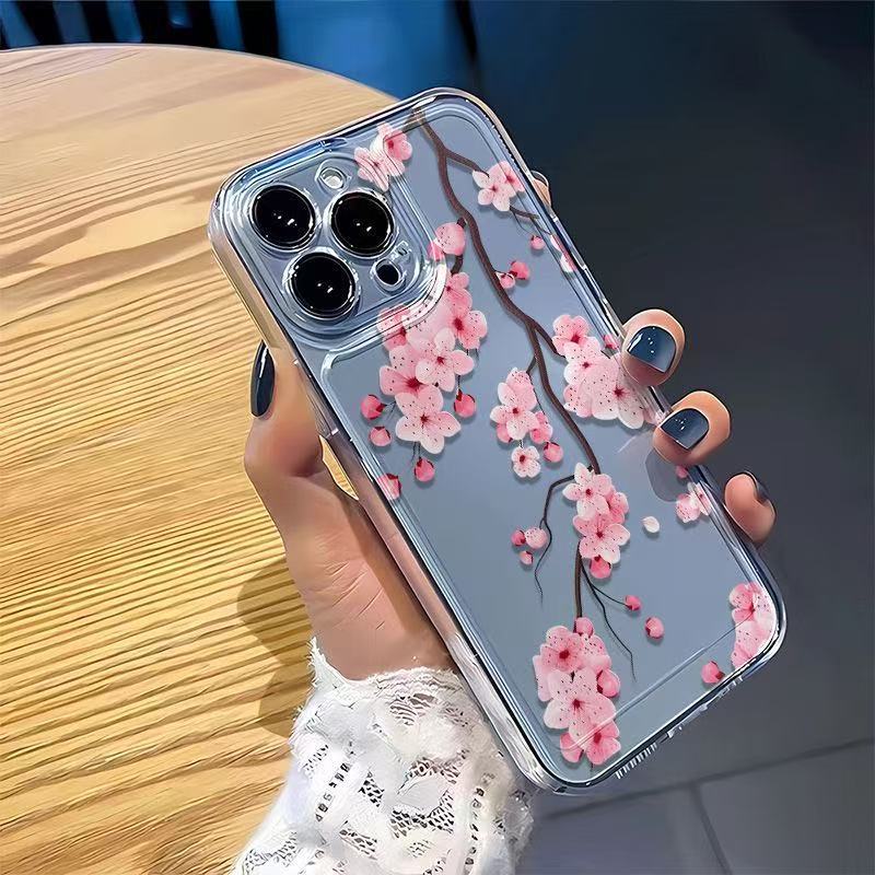 Pink Cherry Blossom Transparent Soft Anti Drop Phone Case For Apple Iphone