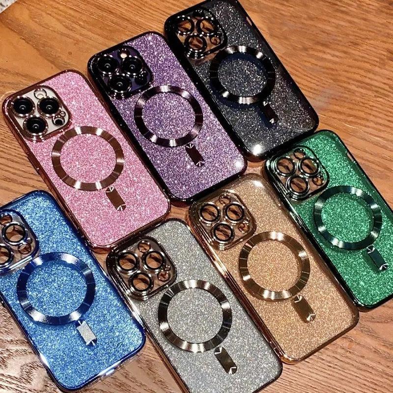 With Lens Protector Electroplate Phone Case For iPhone 16 15 14 13 12 11 Pro Max Plus For Magsafe Wireless Charge Bumper Glitter Cover