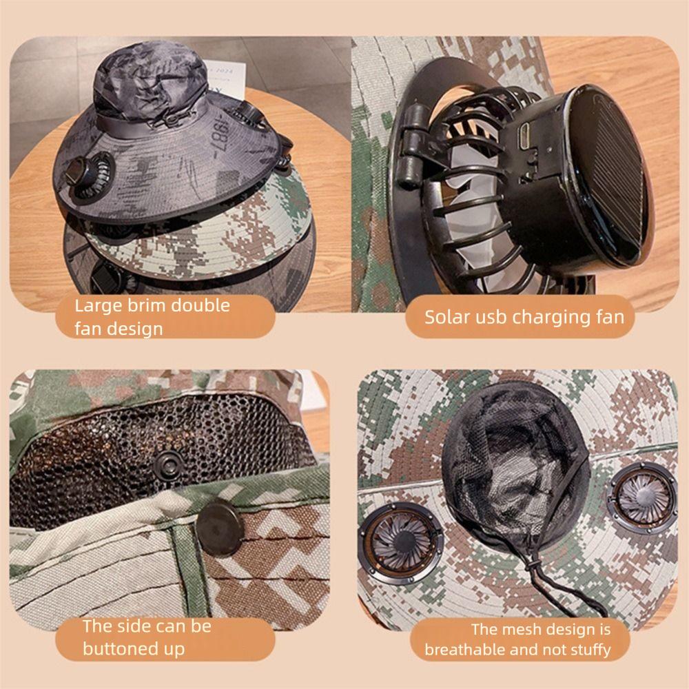 Adjustable Wide Brim Sun Cap UV Protection Sun Bucket Hat Sun Hat with Solar Fan Outdoor