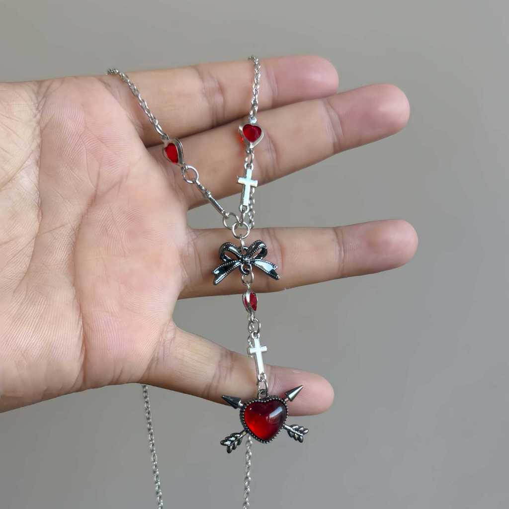Dark Punk Red Black Heart Butterfly Necklace With Antique Zinc Alloy For Women