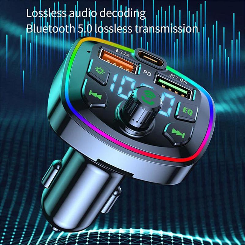 Car Bluetooth 5.0 Charger Fm Transmitter Pd 18W Type-C Dual Usb Colorful Ambient Light Cigarette Lighter Mp3 Music Player