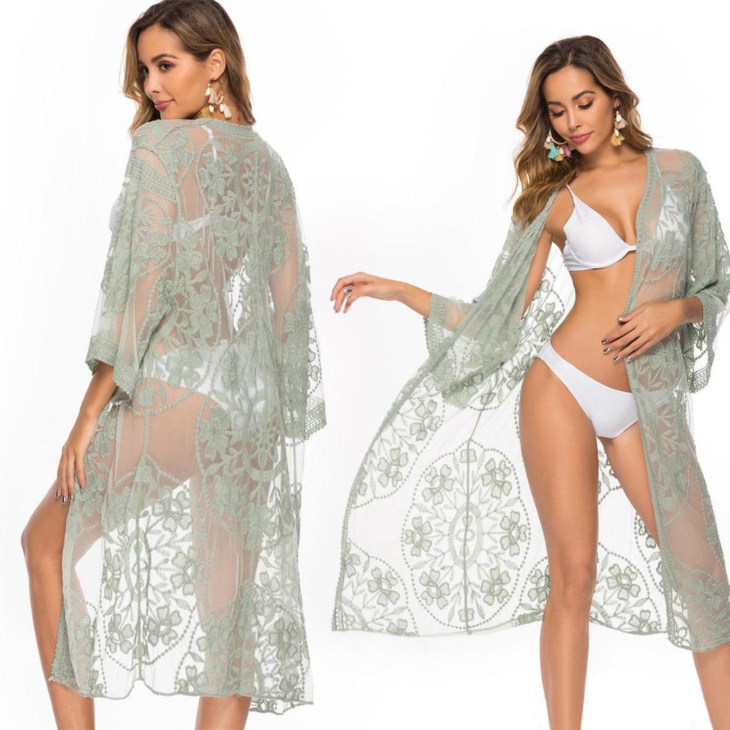 Women's Cardigan Explosion Beach Coverup Mesh Bikini Outer Cardigan Lace Embroidery Sunbrella