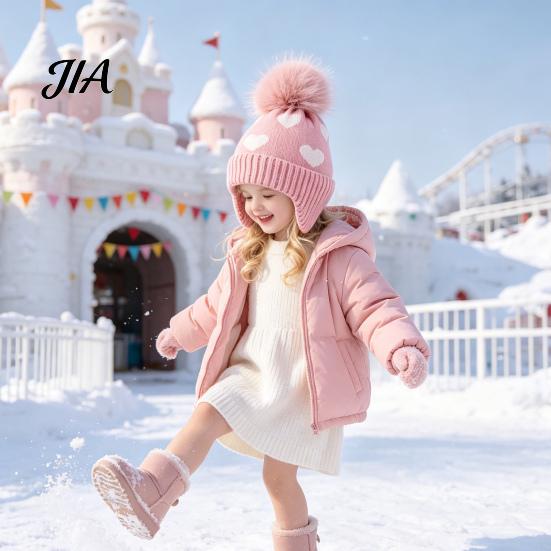 Cute Pom Knit Hat Kids Winter Hat, Warm Soft Pompom Cozy Gift for Children Heart Pattern, Earflap Boys Girls Toddlers Breathable