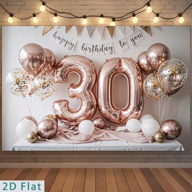 2D 30th Birthday Photography Backdrop Rose Gold Balloon & Banner Party Background