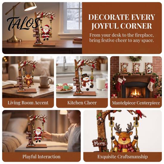 Xmas Gift for Family Christmas Wooden Ornaments, Santa Snowman Figurine with Moving Festive Fireplace Ornaments Swing, Rustic Holiday Tabletop