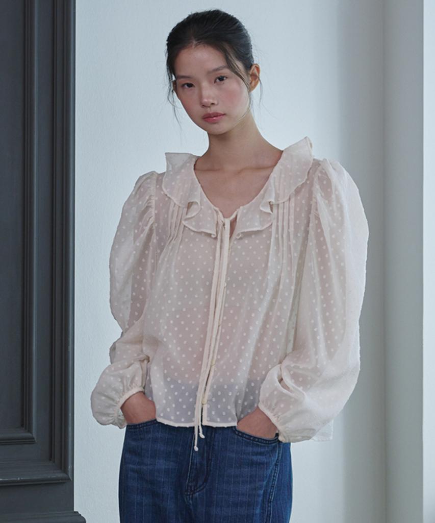 OPENING SUNSHINE Ruffle See-Through Dot Blouse Ivory