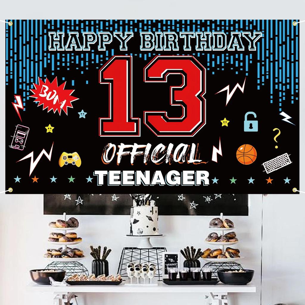 Offizielles 13. Geburtstag Tür-Hintergrundbanner für Teenager Happy 13th Birthday Dekorationen Rot Blau 13-Jähriger Geburtstagsparty Garten