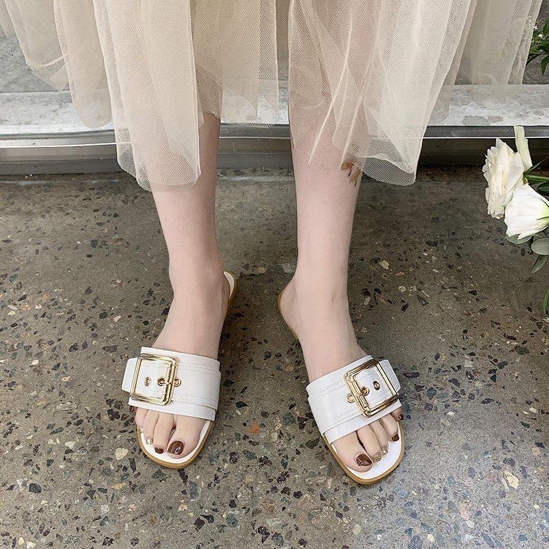 Foreign trade large size slippers women's 2025 summer square buckle one-word drag women's flat bottom sandals fashion casual wear cool slippers