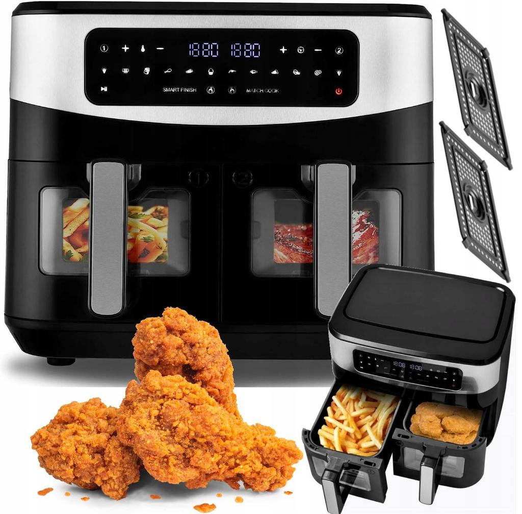 Frytkownica beztłuszczowa 10l xxl air fryer podwójna 2600w okienka podglądu